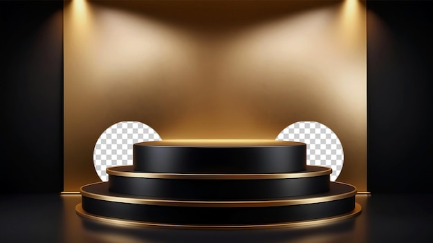 Luxurious Black and Gold Round Podium Mockup for Product Presentation with Clear PNG Background