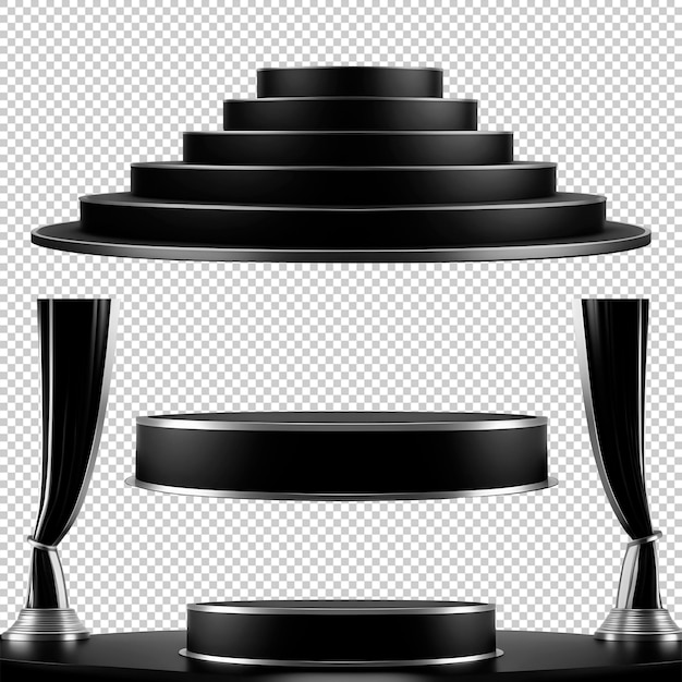 PSD luxurious black and silver podium set with draped curtains on transparent background