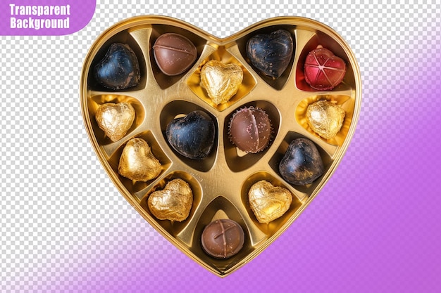 Luxurious chocolates in a golden heart isolated on transparent background