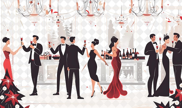 PSD luxurious christmas ball with guests dancing and toasting de illustration christmas art design