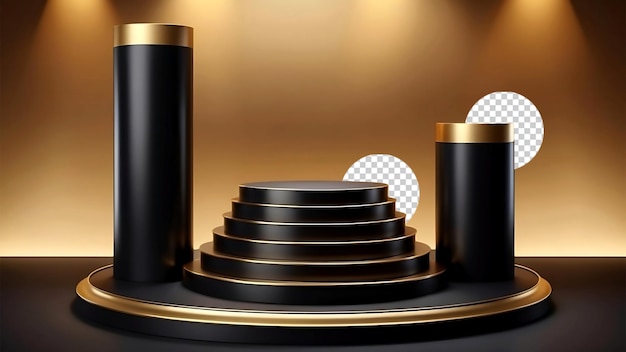 Luxurious Gold and Black Cylindrical Podium Stand PNG Object for Product Display