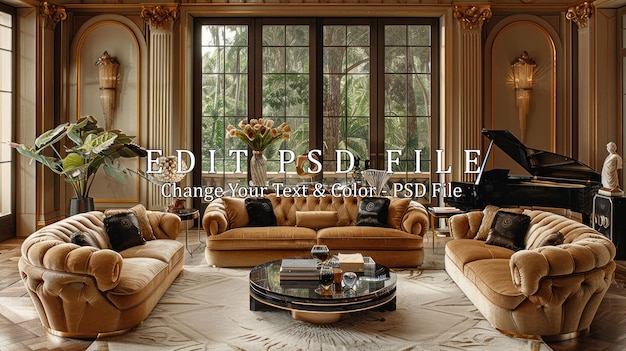 PSD luxurious living room with golden accents and plush furniture