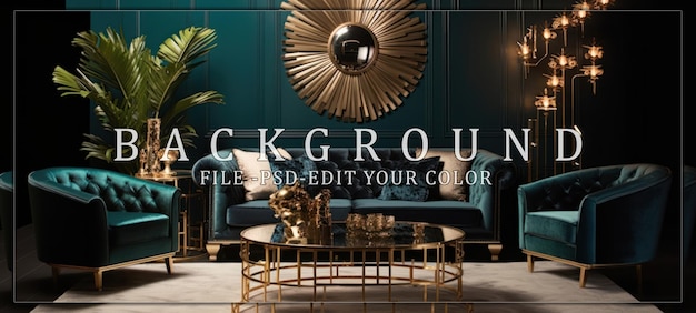 PSD luxurious living room with teal velvet furniture and gold accents