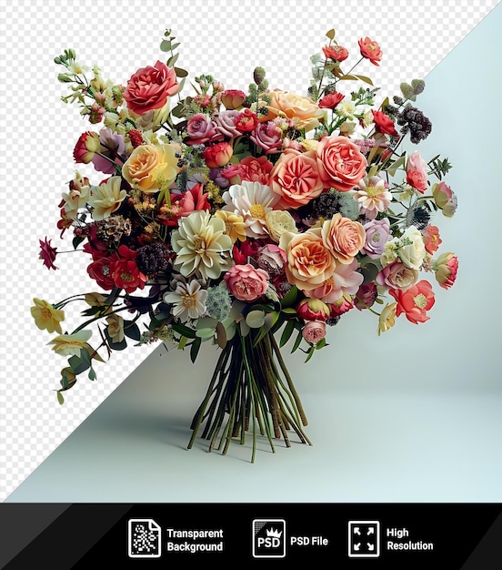 Luxurious wedding bouquet Pink red yellow and white blooms in glass vase PNG PSD