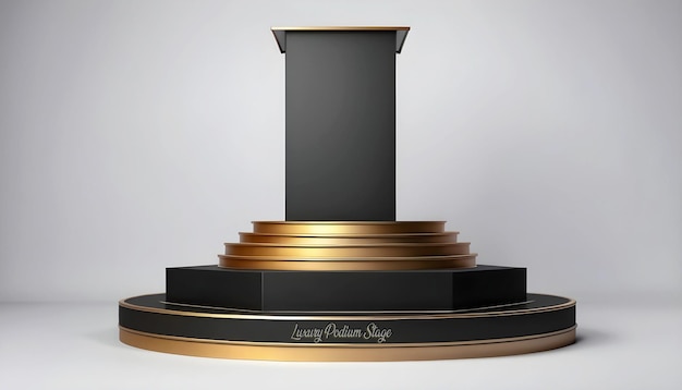 Luxury black and gold pedestal podium 3d rendering photo golden platform for showing product