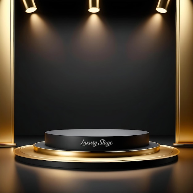 Luxury black podium stage on gold plate on spotlight illuminating dark studio backdrop for display