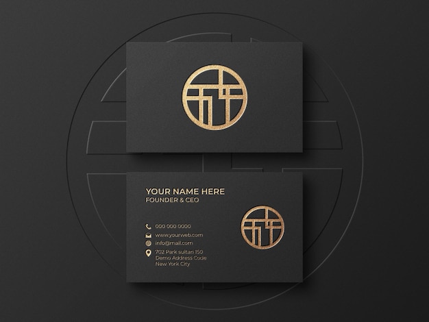 Luxury business card mockup with gold foil effect on dark background