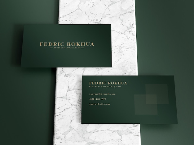 Luxury dark green business card logo mockup with marble texture