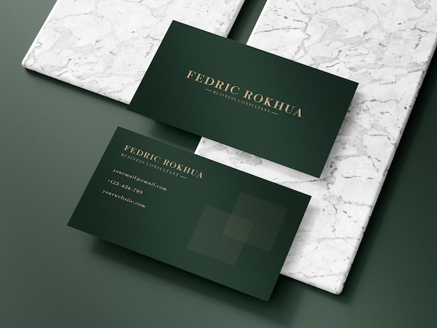 Luxury dark green business card logo mockup with marble texture