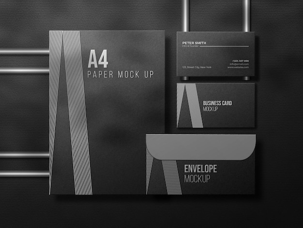 Luxury dark stationery mockup set with emboss effect