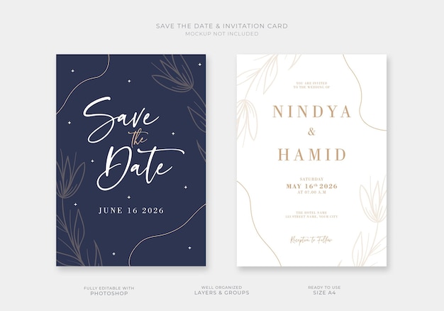 Luxury elegant wedding invitation set with shades of navy and gold