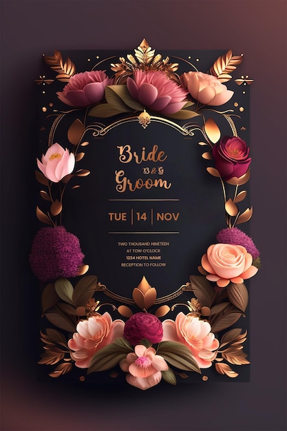 Luxury and floral wedding invitation card template with editable text