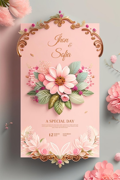 Luxury and floral wedding invitation card with editable text