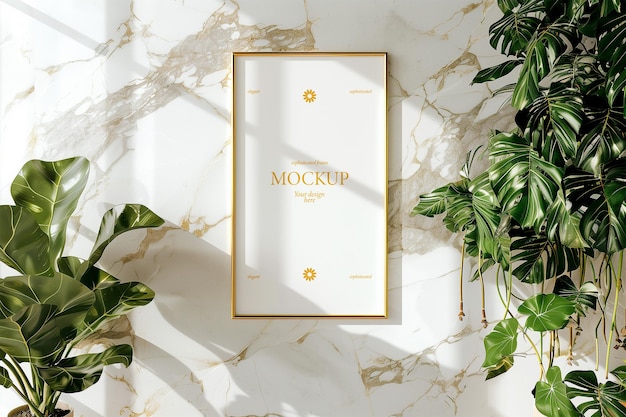 PSD luxury gold frame mockup with vibrant green plants on marble backdrop