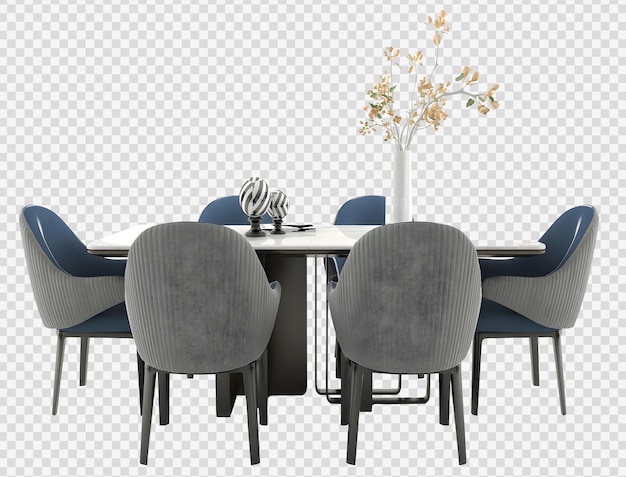 Luxury gray blue dining table set on transparent background. 3d rendering