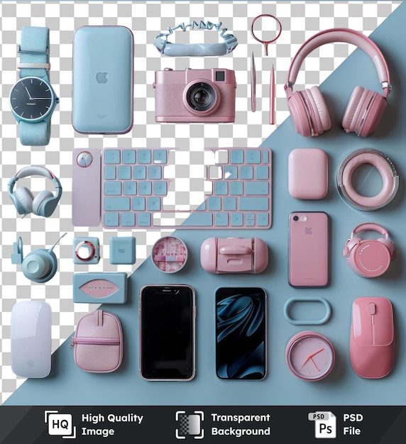 luxury home office decor and gadgets set up on a blue table featuring a white keyboard silver and gray headphones a pink camera and a pink mouse