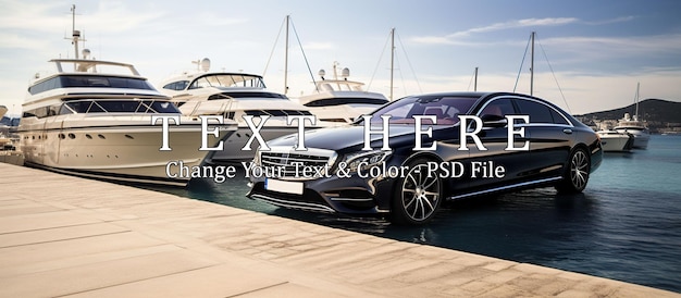 PSD luxury mercedes limousine in the harbour of ibiza with a private yacht in the background