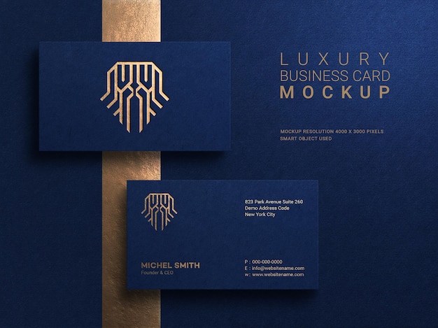 Luxury and modern business card mockup with gold logo letterpress effect