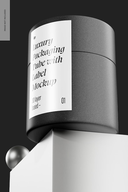 Luxury Packaging Tube with Label Mockup, Low Angle View