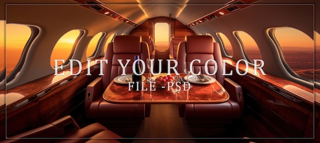 PSD luxury private jet interior with sunset view