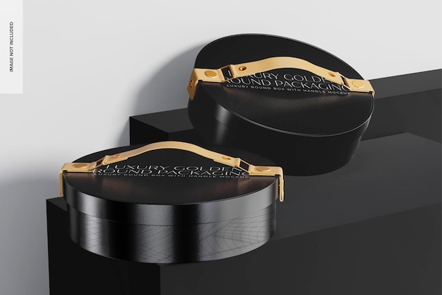 Luxury Round Boxes with Handle Mockup, on Podium