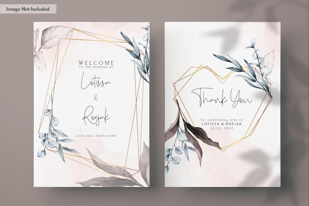 PSD luxury wedding invitation card with beautiful leaves watercolor