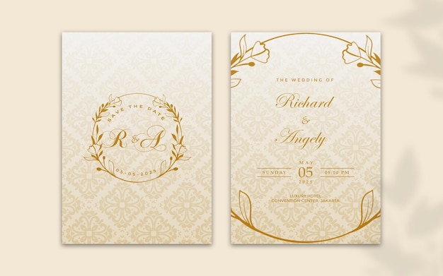 Luxury wedding invitation design template or engagement with gold leaves and flowers ornaments