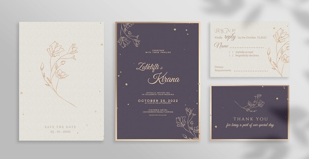 PSD luxury wedding invitation set with purple background