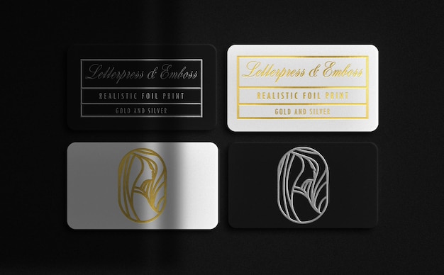 Luxury white and black floating business card with gold and silver embossed mockup