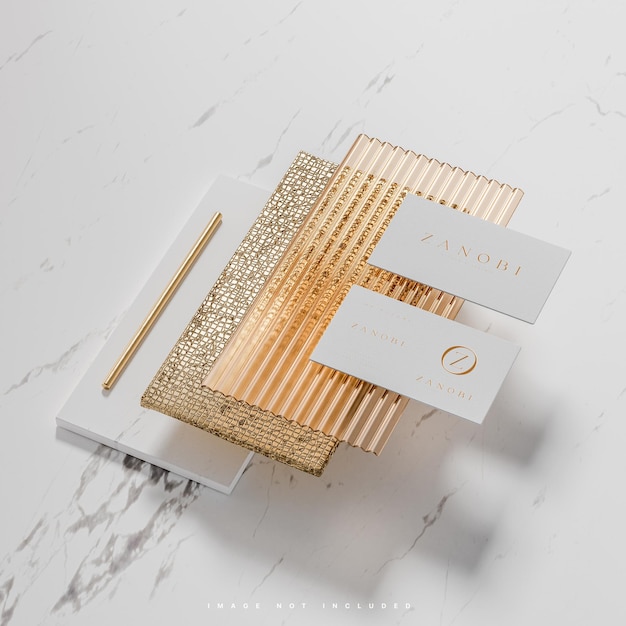 Luxury white gold business card mockup for visualization on white marble tiles background 3d render