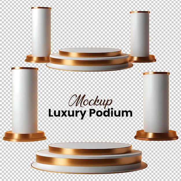 Luxury White and Gold Podium Display 3D Cylindrical Pillar Stage with Round Pedestal Stand PNG