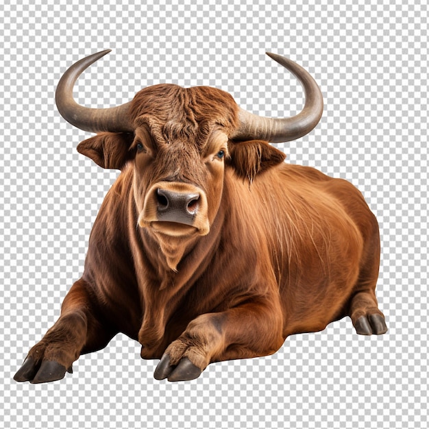 A lying brown bull isolated on transparent background