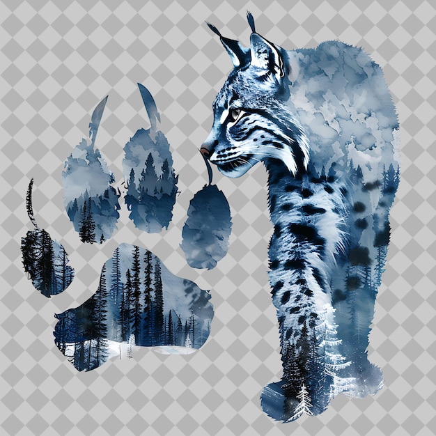 PSD lynx within a simplified paw print silhouette boreal forest png watercolor wild life collections