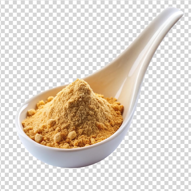 PSD maca powder in white porcelain spoon isolated on white background