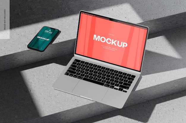 MacBook Air with iPhone on Urban Background Mockup, Perspective