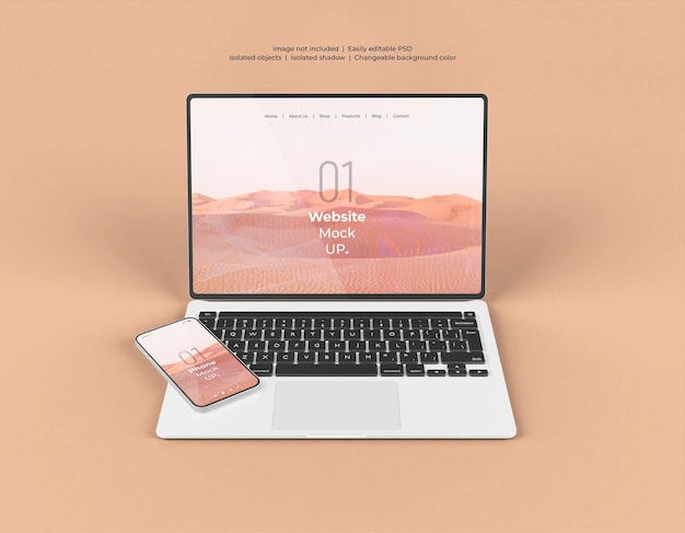 Macbook pro with smartphone website presentation mockup isolated