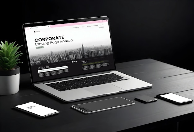 Mackbook pro screen with website showcase mockup isolated a graphic tab and mobile in black desk