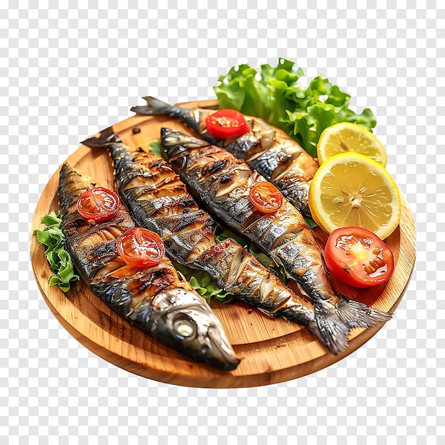 Mackerel fish fry with tomatoes sliced salad lemon sliced on a transparent background