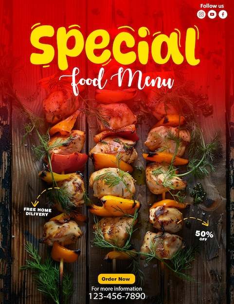 PSD a magazine cover with a red background with a sign that says special food