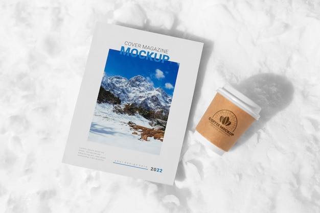 Magazine mockup on snow rock