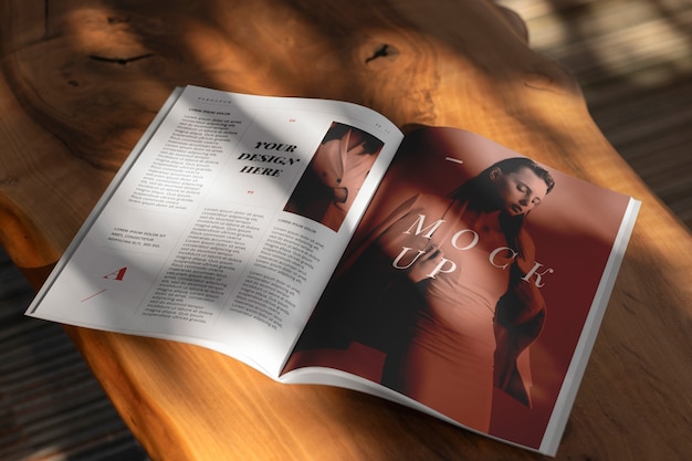 Magazine mockup on wooden furniture