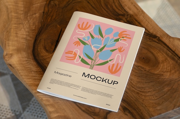 Magazine mockup on wooden furniture