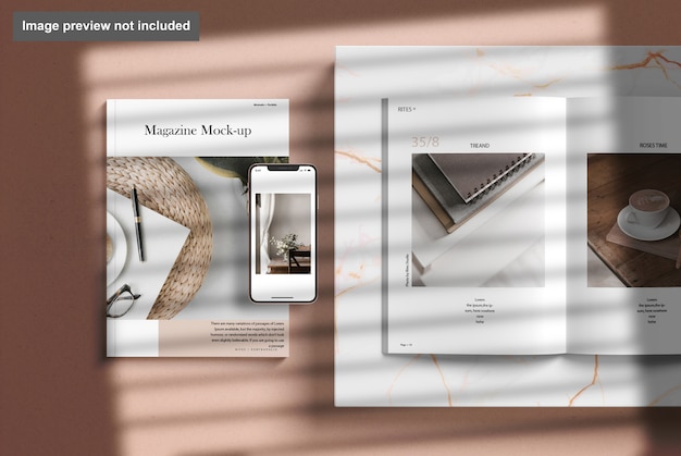 Magazine with phone mockup