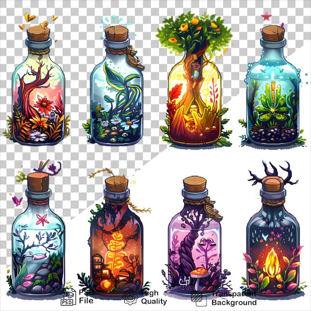 PSD magic bottles with flowers and plants illustration