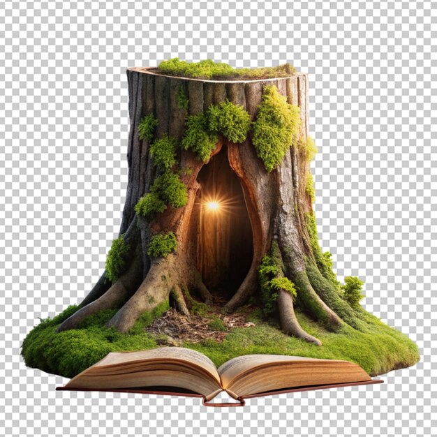 PSD magical forest with a book hidden in a tree stump