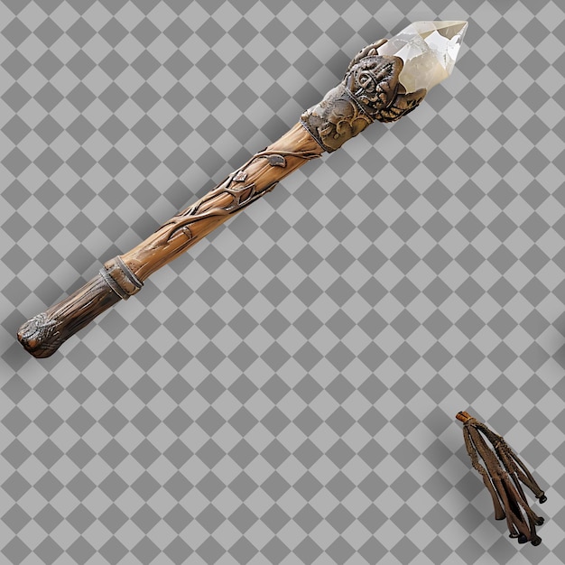 PSD magical quarterstaff of ash with a shaft carved with images png game asset on clean background