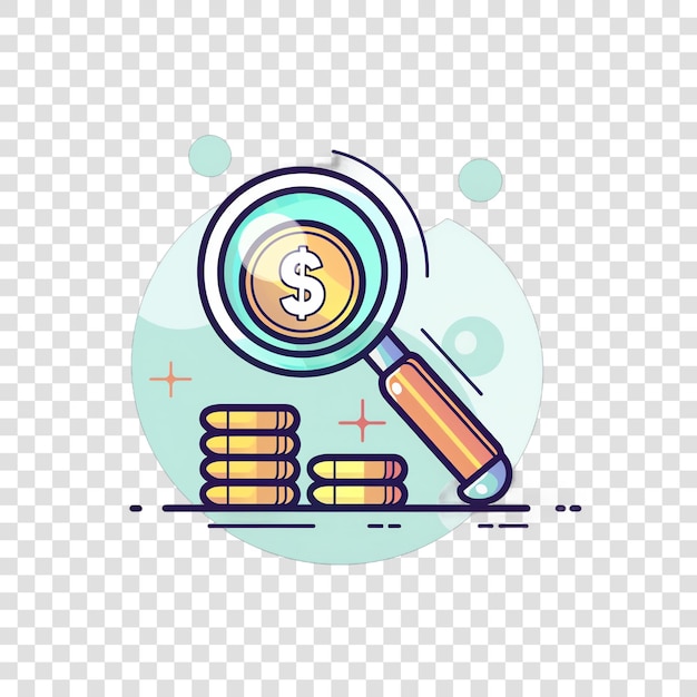 PSD magnifying glass focusing on a stack of coins realistic photo isolated on transparent background