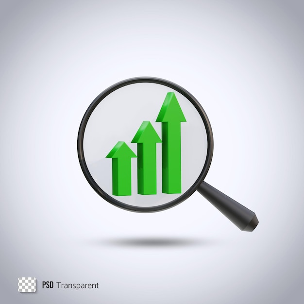 Magnifying glass with growth graph 3D rendering Increase symbol