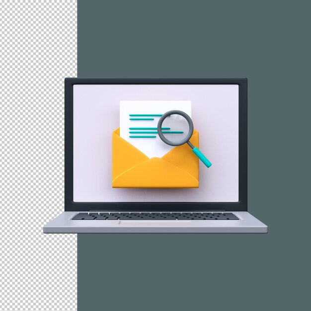 PSD mail search icon 3d open envelope with document and magnifying glass