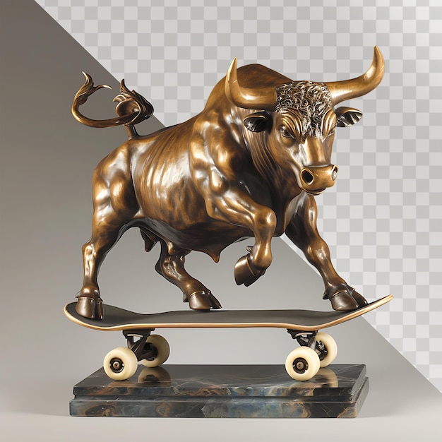 PSD majestic bull sculpture kicking on skateboard vintage bronze